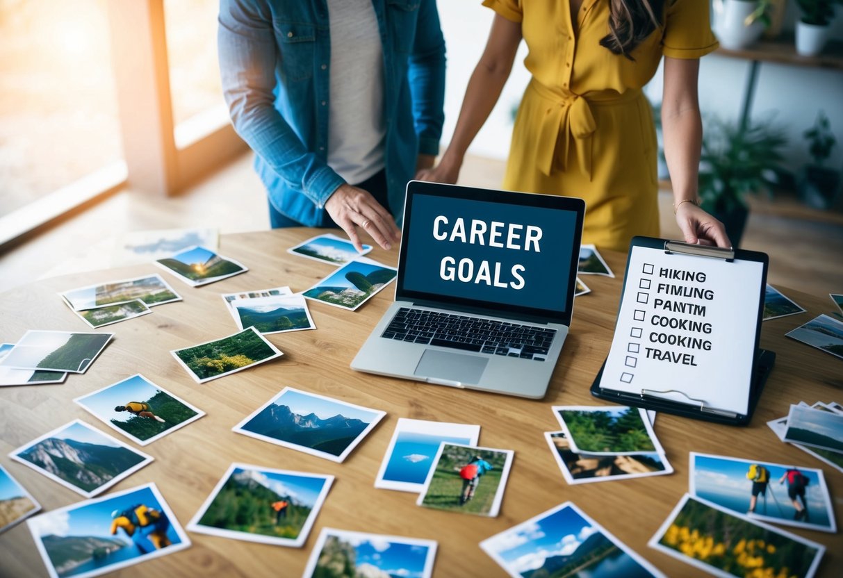 A table scattered with images of hiking, painting, cooking, and travel. A laptop open to a list of career goals. A couple discussing and arranging the images