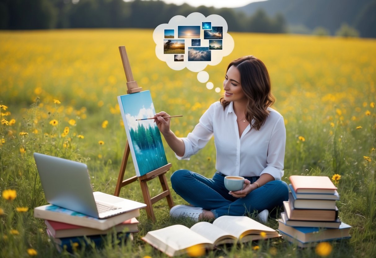 A woman painting in a meadow surrounded by books, a laptop, and a cup of coffee, with a thought bubble filled with dreamy images