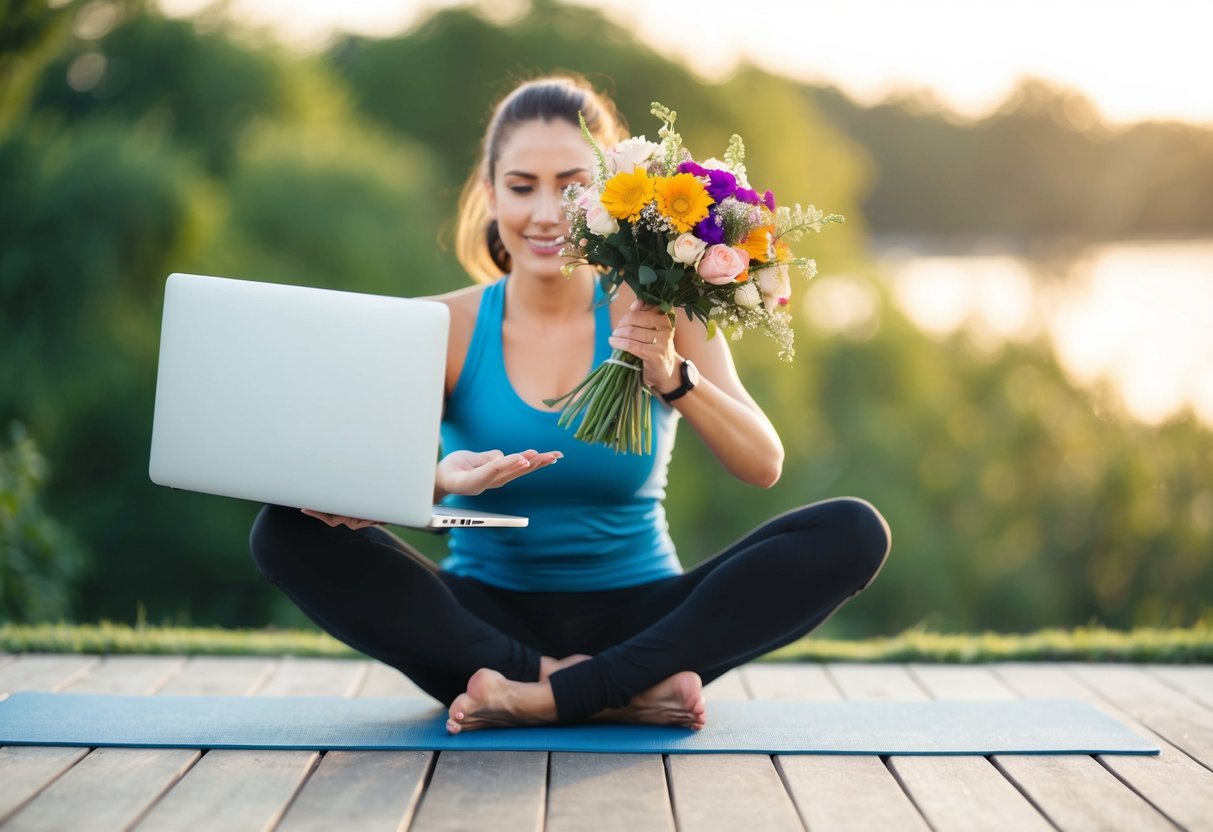 A person juggling work and love, balancing a laptop and a bouquet of flowers while exercising on a yoga mat