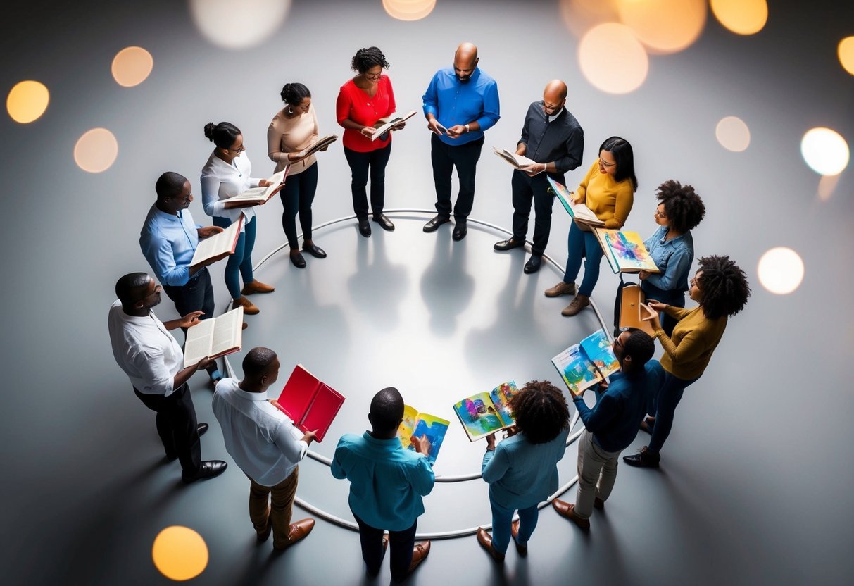 A diverse group of people standing in a circle, each person surrounded by a bubble of personal space. They are engaged in separate activities, such as reading, painting, and playing music