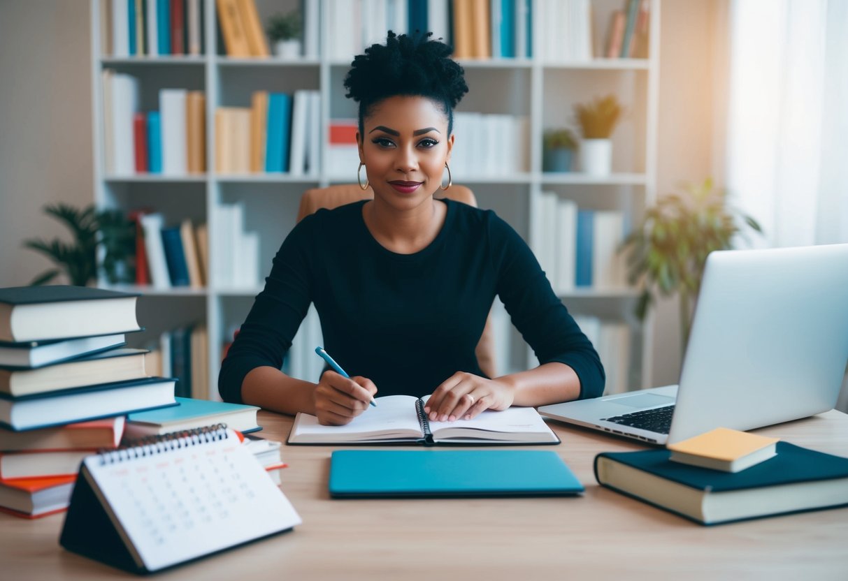 A person sitting at a desk surrounded by books, a laptop, and a calendar, with a determined expression on their face as they jot down ideas for their future while also planning dates