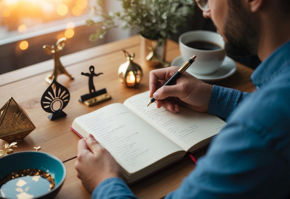 A person writing in a journal surrounded by symbols of their dreams and gratitude