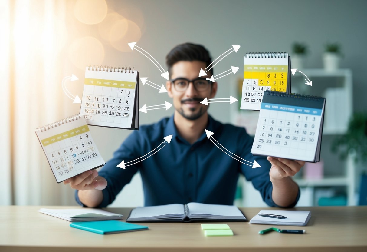 A person juggling multiple calendars and schedules, with arrows and lines connecting various activities and goals