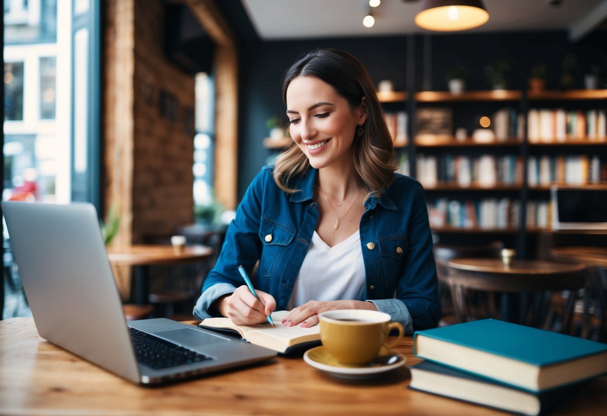 A woman in a cozy cafe, surrounded by books and a laptop, smiling as she writes in her journal and sips on a cup of tea