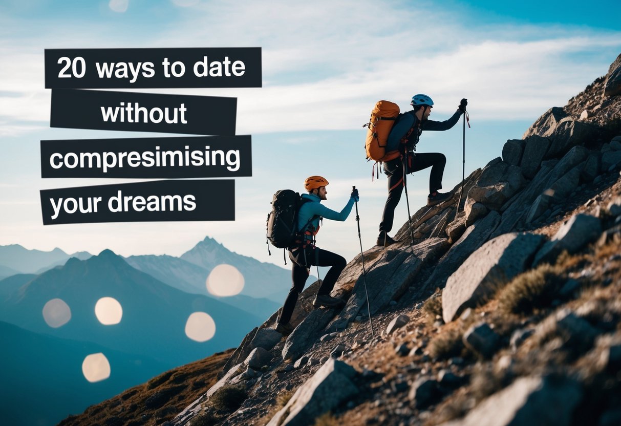 Two figures climbing a mountain together, facing challenges, with a list of "20 Ways to Date Without Compromising Your Dreams" floating above them