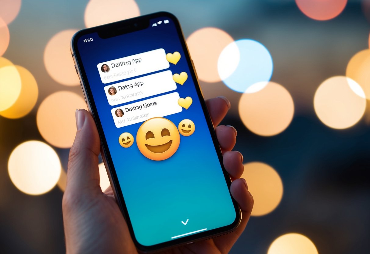 A smartphone with dating app notifications popping up and a smiling face emoji