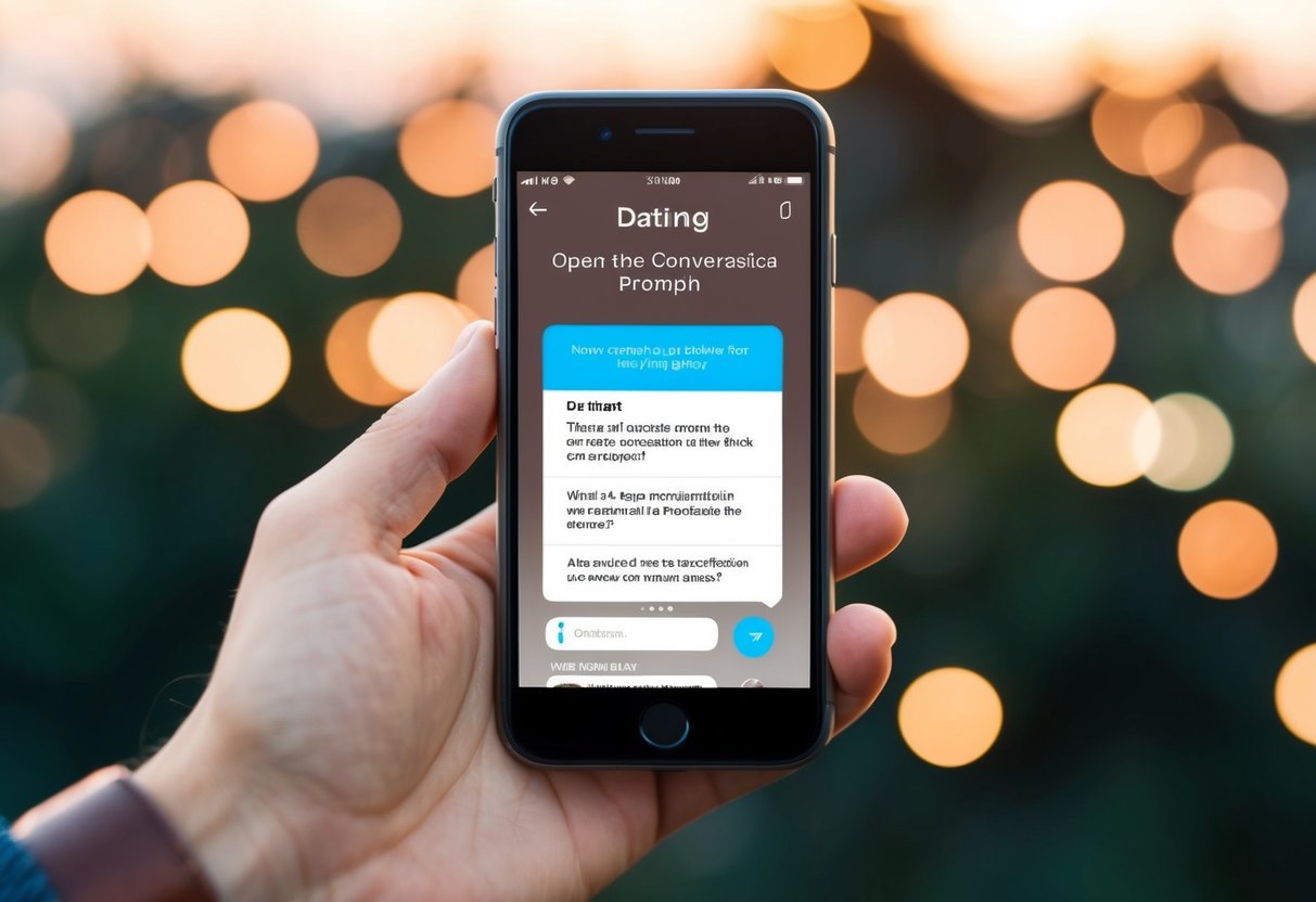 A phone screen with a dating app open, displaying a conversation prompt