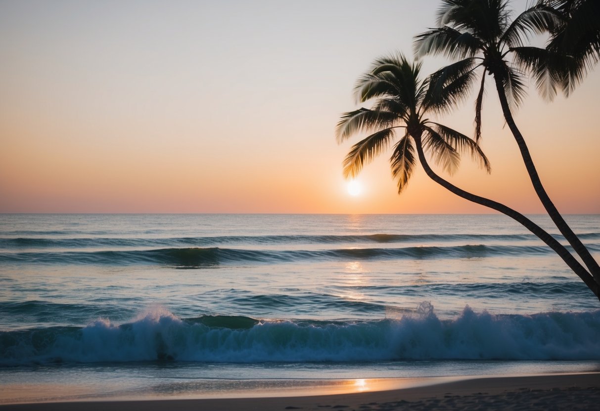 A serene beach at sunset, with palm trees swaying in the gentle breeze and waves crashing on the shore