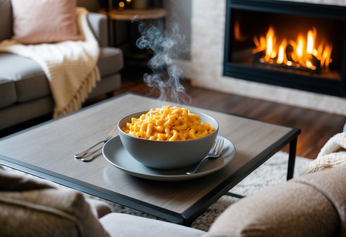 A cozy living room with a steaming bowl of mac and cheese on a coffee table, surrounded by soft blankets and a flickering fireplace