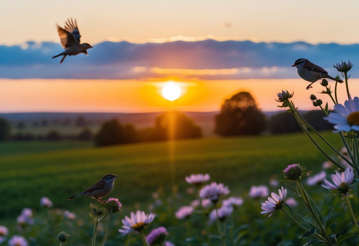 A bright sun rising over a peaceful countryside with chirping birds and blooming flowers