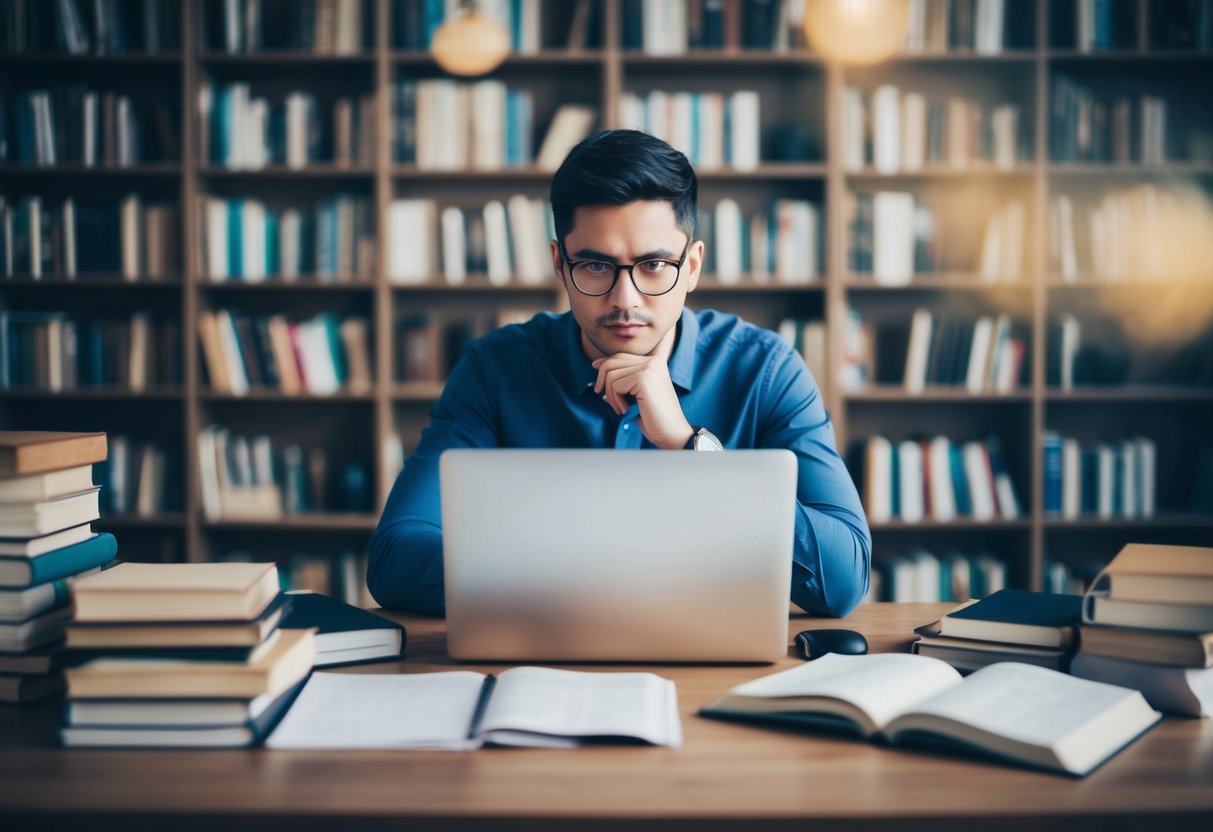 A person sitting at a desk with a laptop open, surrounded by books and papers, deep in thought