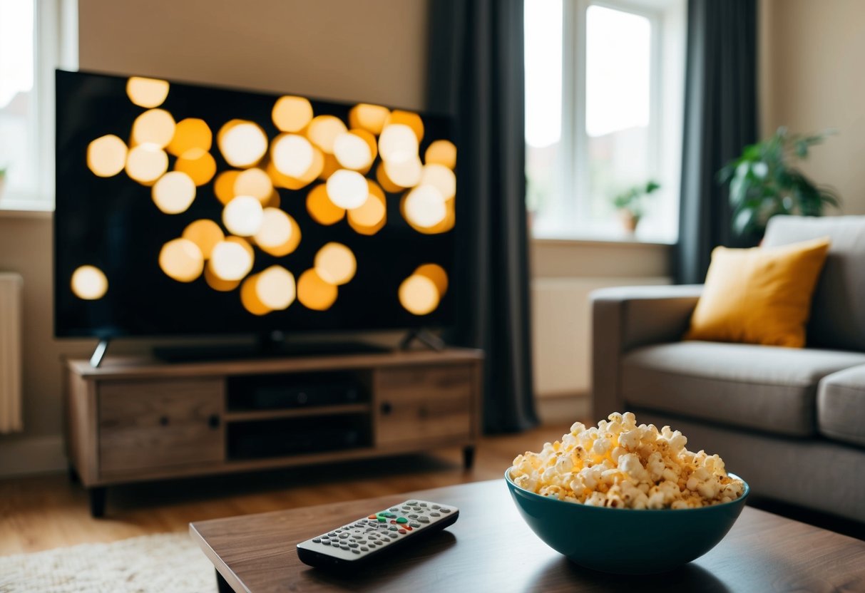 A cozy living room with a TV on, a bowl of popcorn, and a remote control on the coffee table