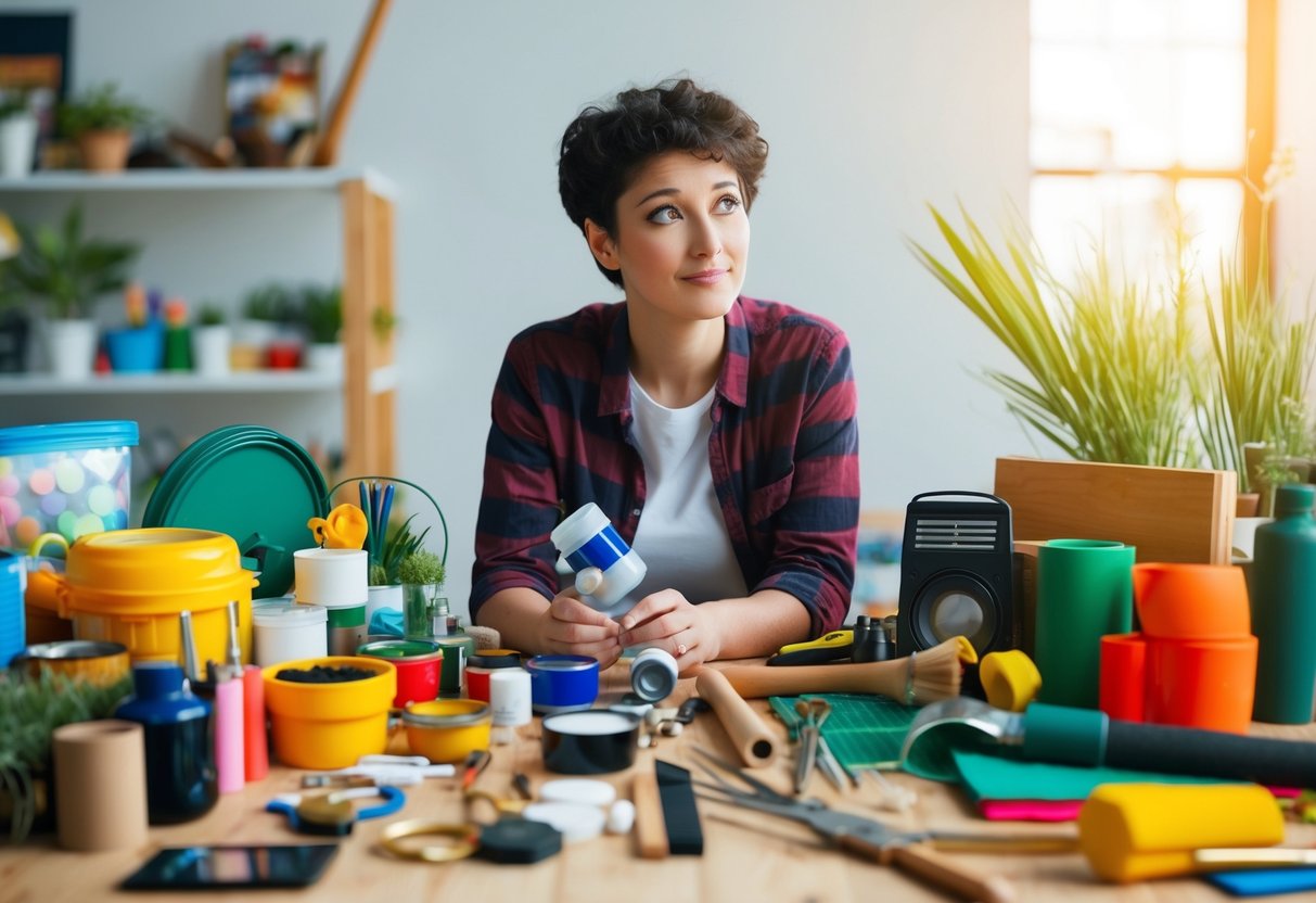 A person surrounded by various hobby supplies, such as art materials, musical instruments, and gardening tools, with a look of contemplation and curiosity