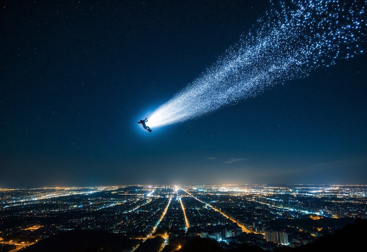 A figure soars through a starry night sky, leaving a trail of shimmering light behind them. The city below glows with twinkling lights, unaware of the invisible presence watching from above