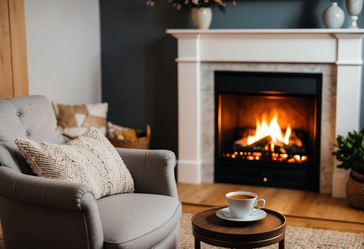 A cozy living room with a crackling fireplace, a plush armchair, and a warm cup of tea on a side table