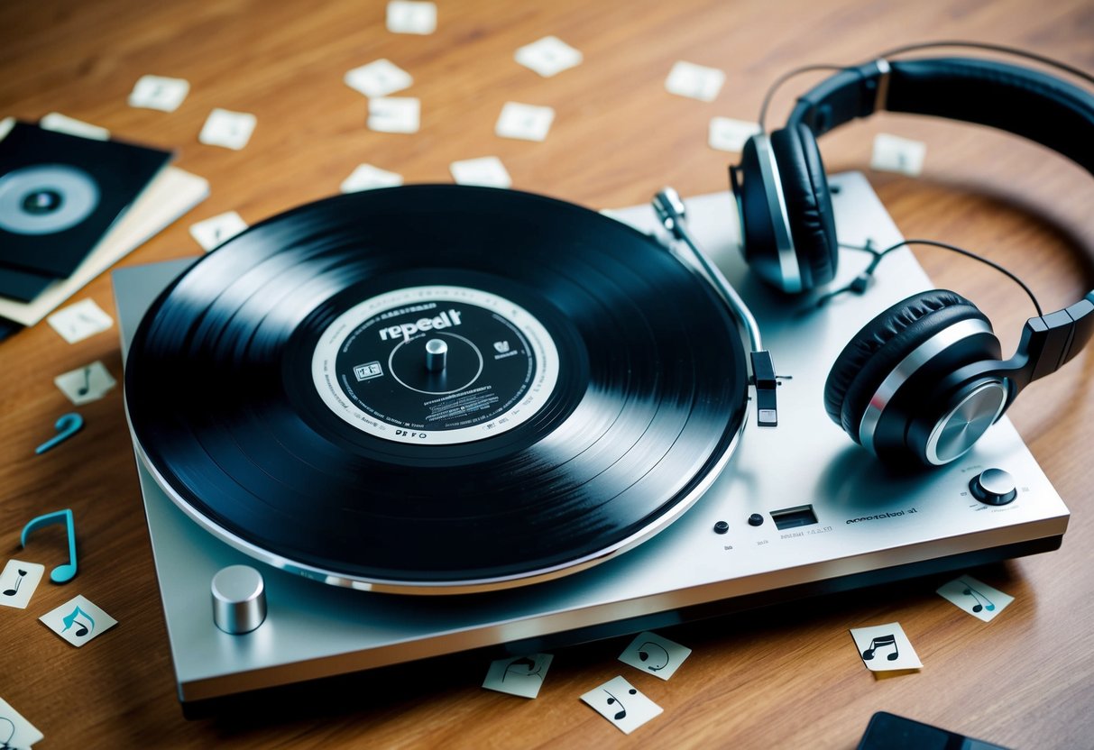 A record player spinning with a vinyl record on repeat, surrounded by scattered music notes and headphones