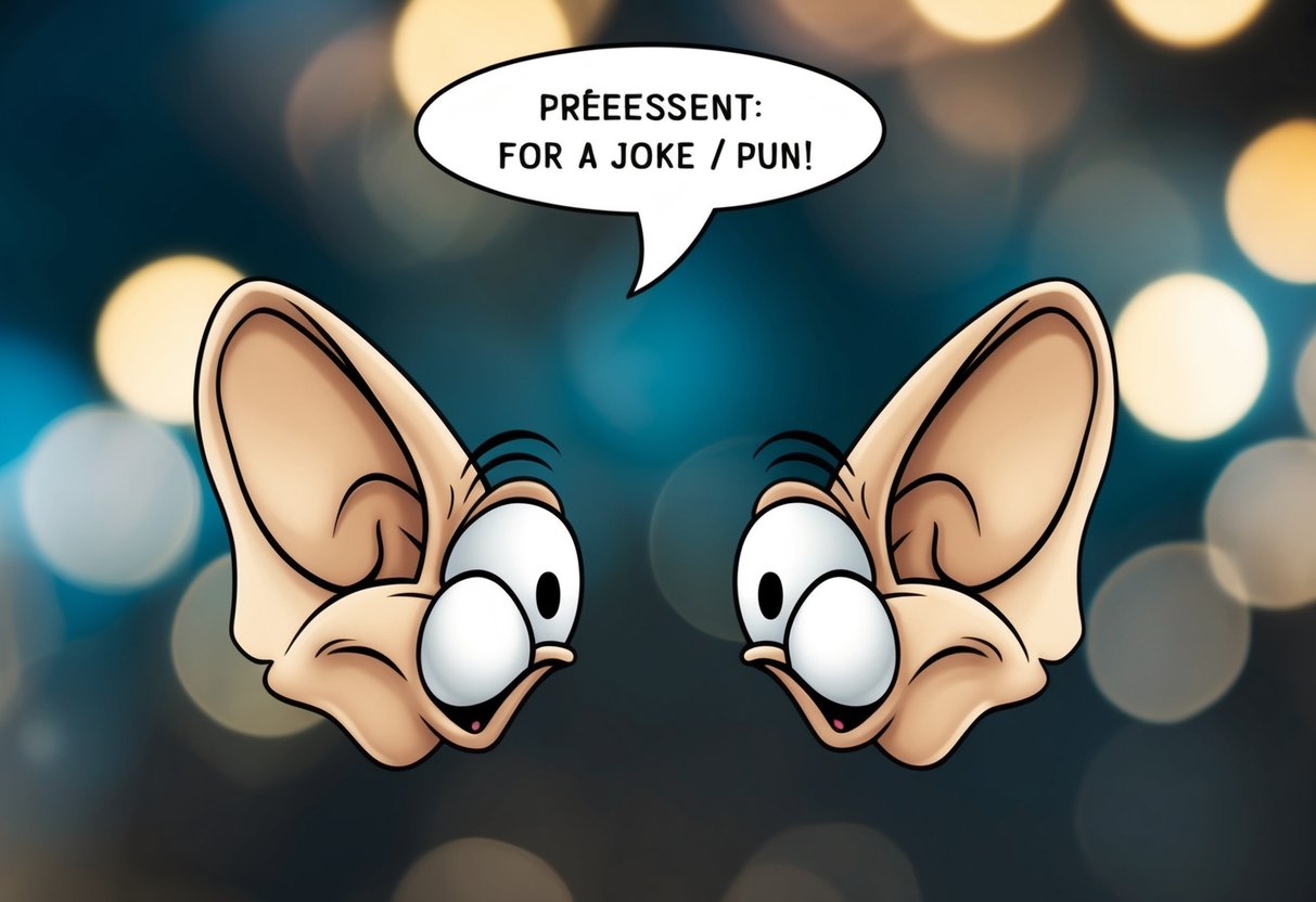 A pair of cartoonish ears perk up eagerly, with a speech bubble above them indicating a request for a joke or pun