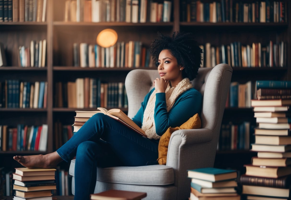 A person sitting in a cozy chair, surrounded by stacks of books, lost in deep thought with a contemplative expression on their face