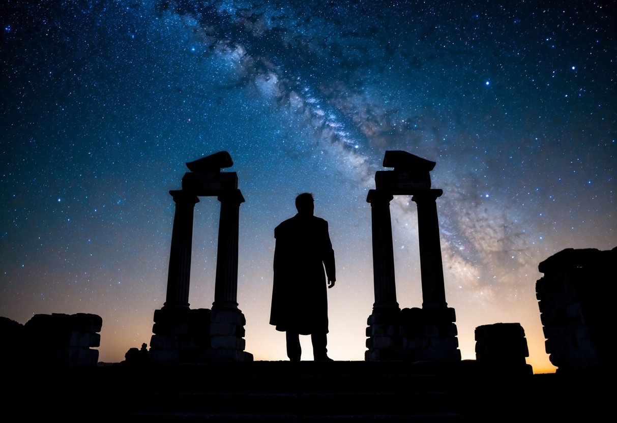 A historic figure's silhouette stands against a backdrop of ancient ruins, gazing at a starry night sky