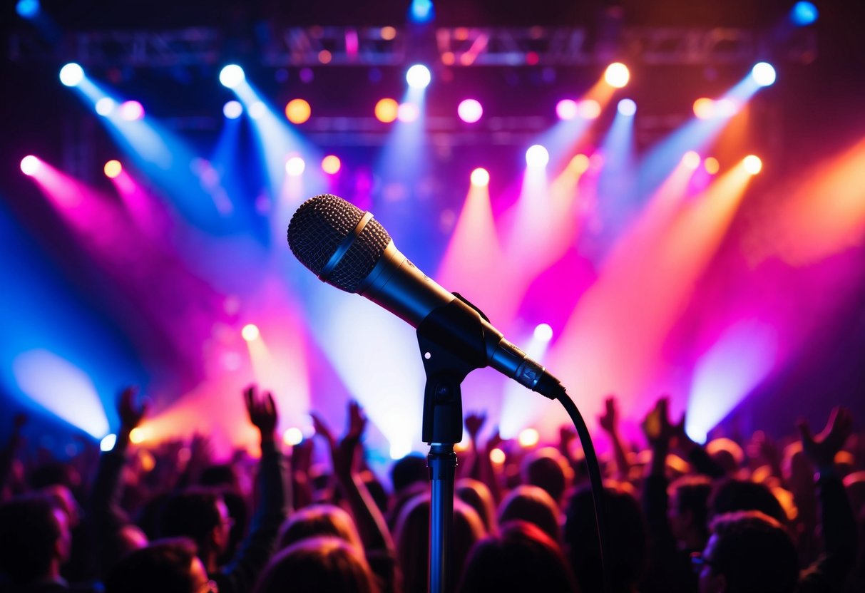 A microphone stands on a stage under colorful lights, with the audience in the background cheering and clapping