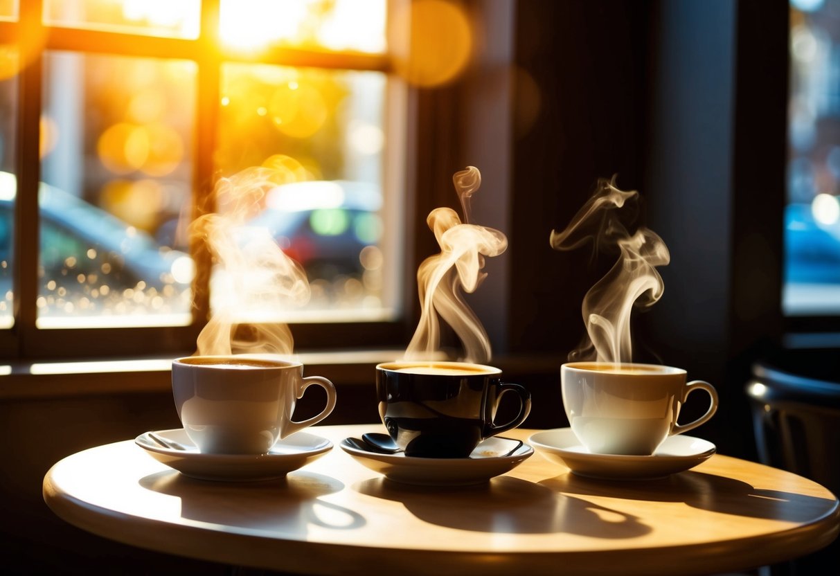 A cozy cafe with steaming mugs of coffee and tea on a table. Sunshine streams in through the window, casting warm shadows on the walls