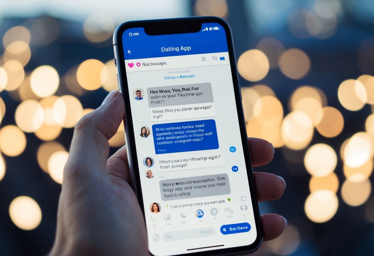 A smartphone with a dating app open, showing a conversation filled with witty and humorous messages