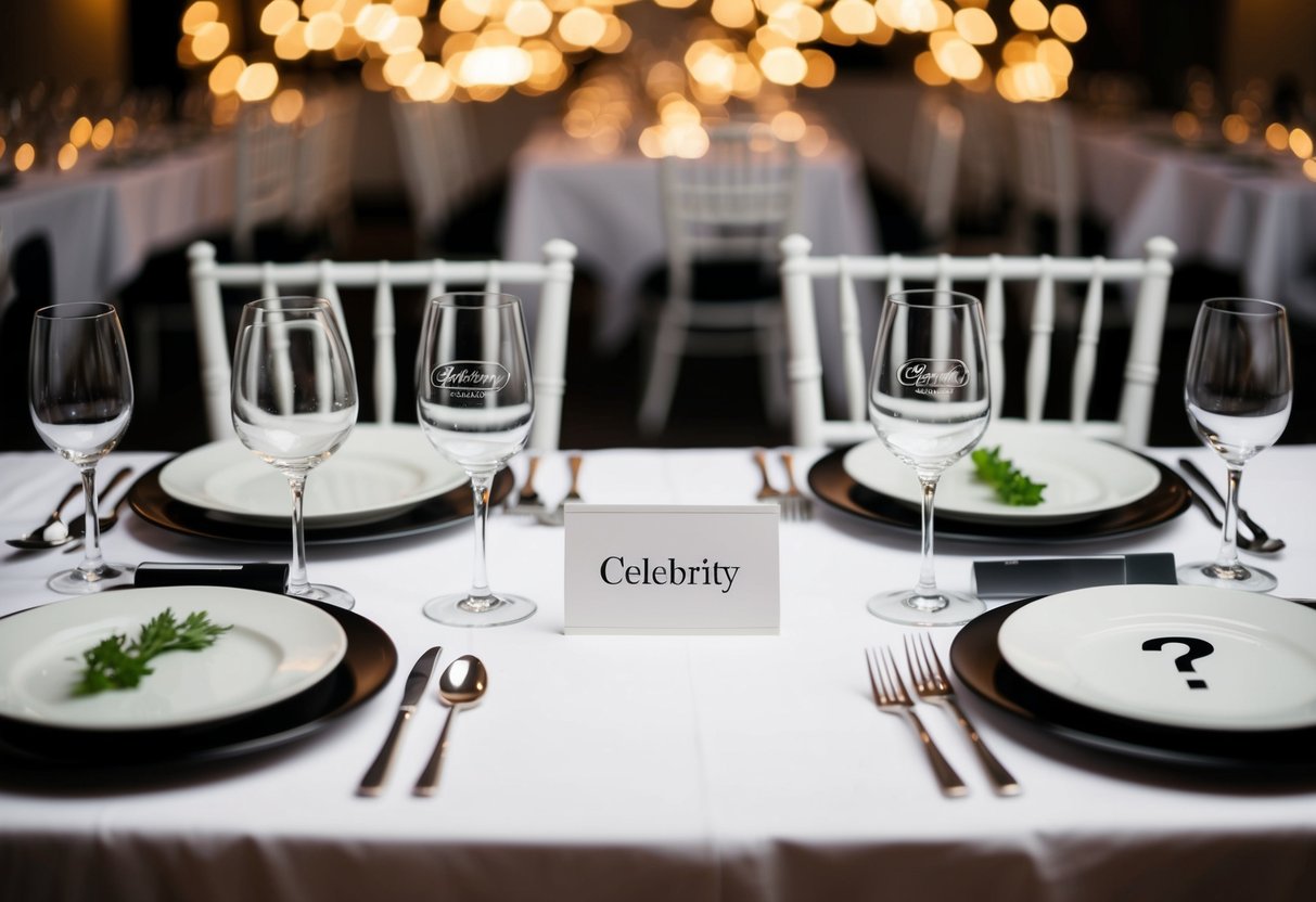 A dinner table set with elegant dishes and two empty chairs, one with a name card reading "Celebrity" and the other with a question mark