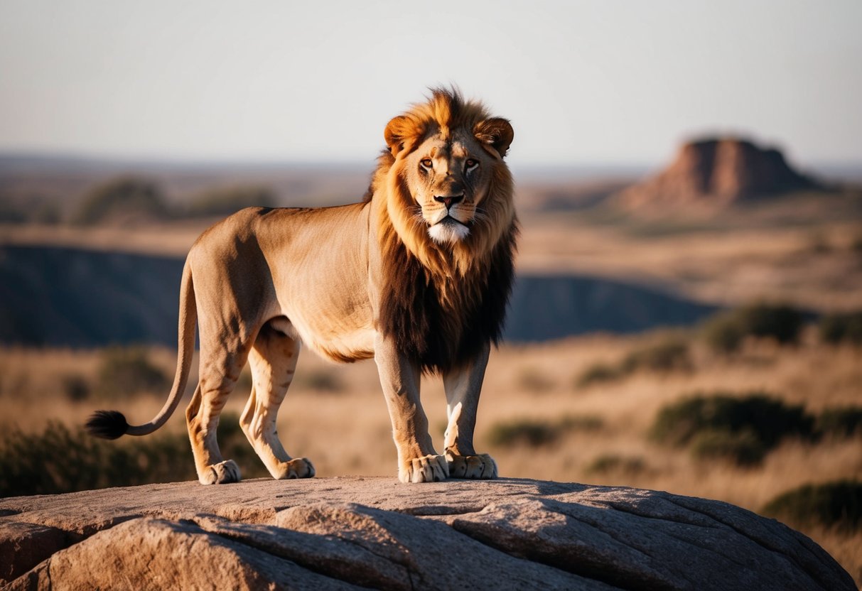 A confident lion standing proudly on a rocky outcrop, surveying its territory with a regal and powerful presence