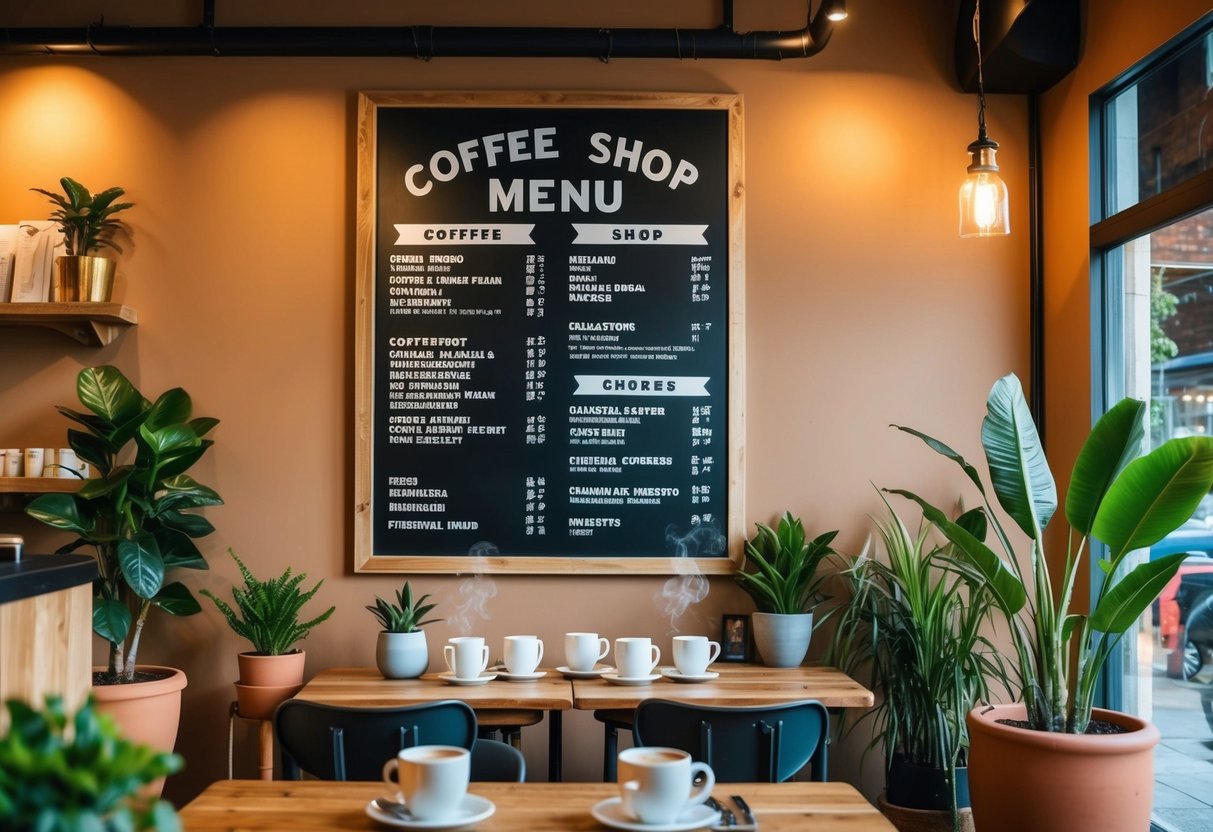 A cozy coffee shop with a chalkboard menu and steaming mugs, surrounded by potted plants and warm lighting