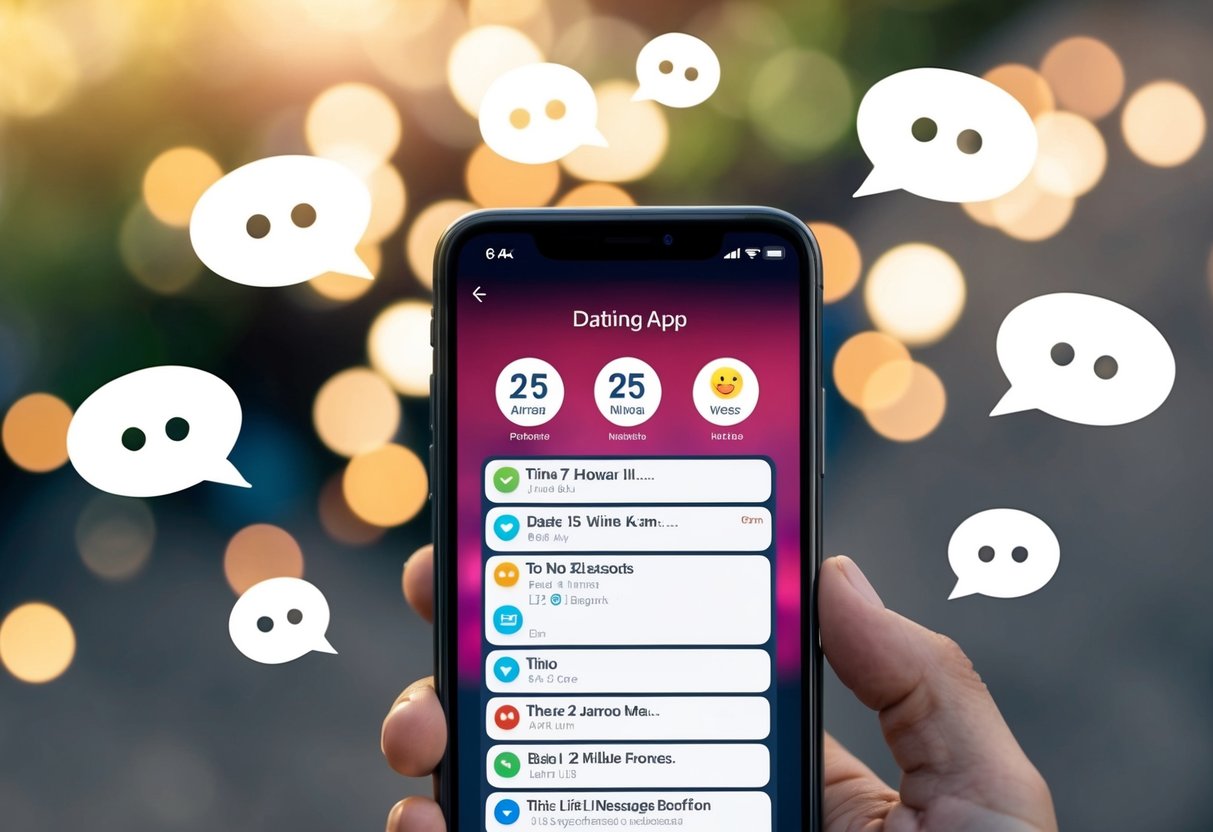 A smartphone with a dating app interface displaying 25 message notifications, surrounded by speech bubbles and emoticons