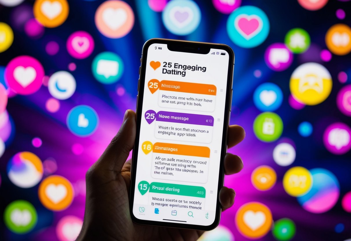 A smartphone displaying a dating app with 25 engaging messages on the screen, surrounded by colorful icons and a vibrant background