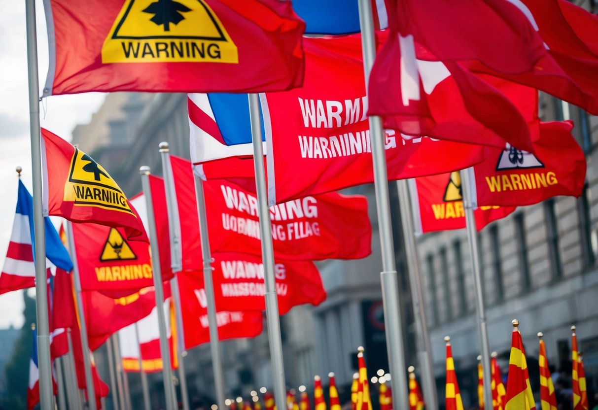 A red flag parade with 18 different flags waving in the wind, each one bearing a warning symbol or message