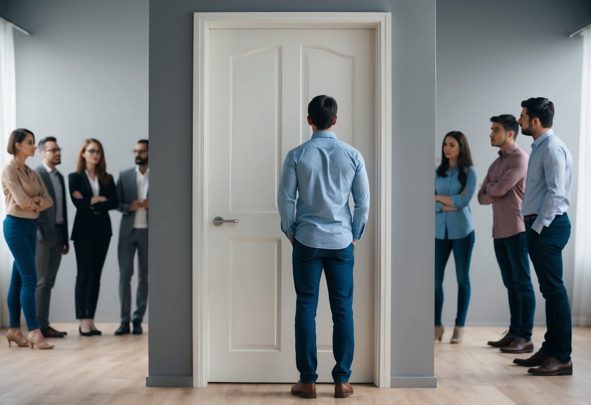 A person standing in front of a closed door, turning away from a group of people asking about their past relationships