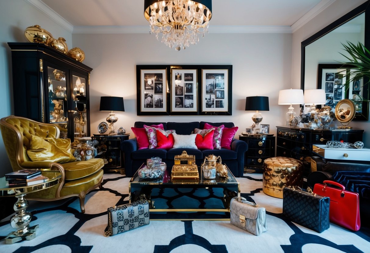 A cluttered room with excessive luxury items and flashy possessions