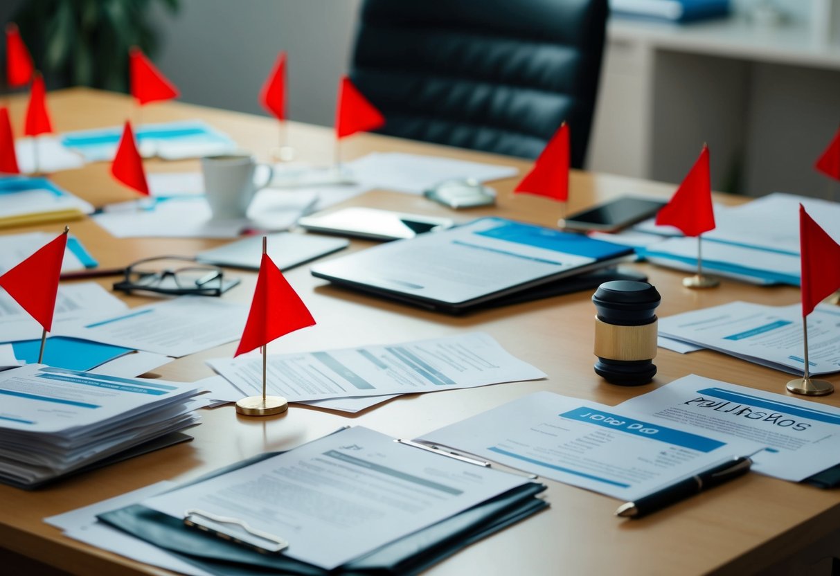 A cluttered desk with scattered job applications, unpaid bills, and red flags scattered around