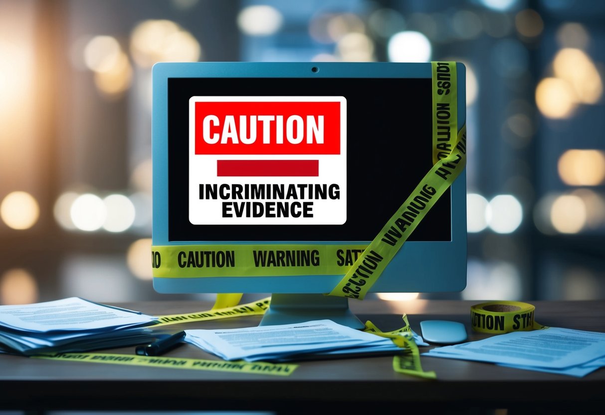 A caution tape wrapped around a computer monitor, with a flashing red warning sign and scattered documents with incriminating evidence