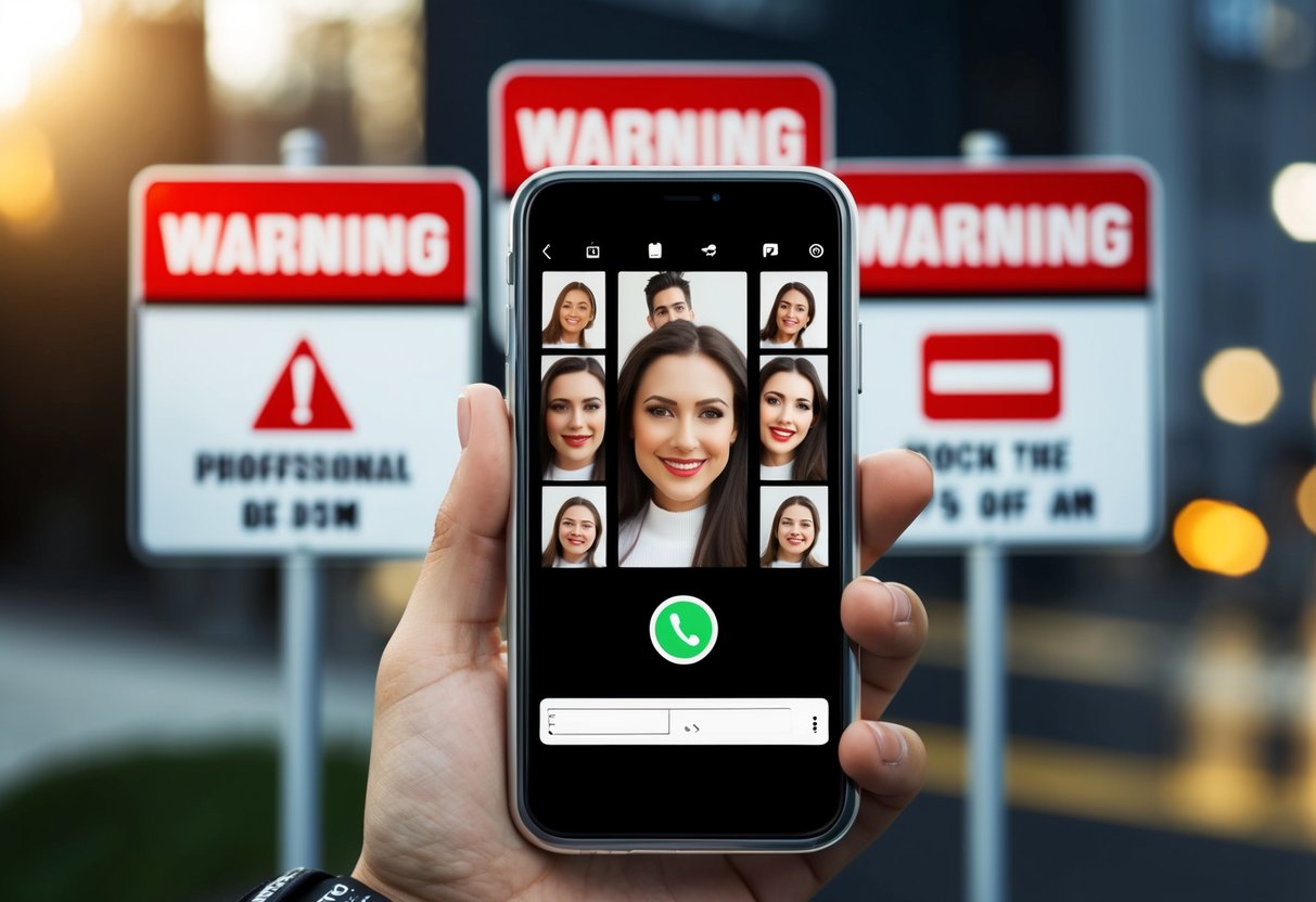 A phone screen with multiple selfies, warning signs in background