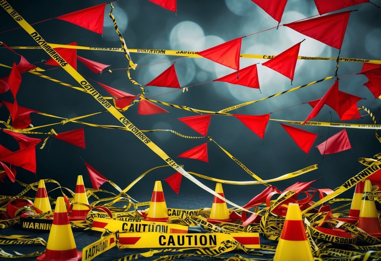 A tangled web of red flags, caution tape, and warning signs scattered across a dark, ominous background