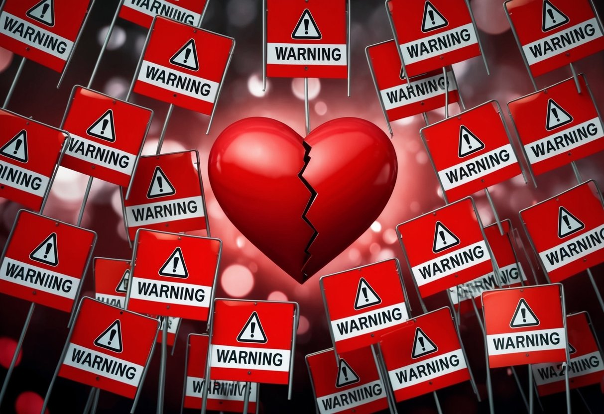 A broken heart surrounded by 18 warning signs in red flags