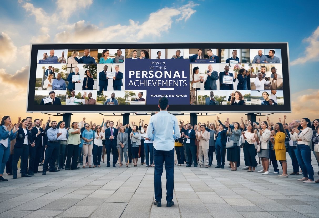 A person standing in front of a large billboard covered in images of their personal achievements, with a crowd of people looking on in disbelief