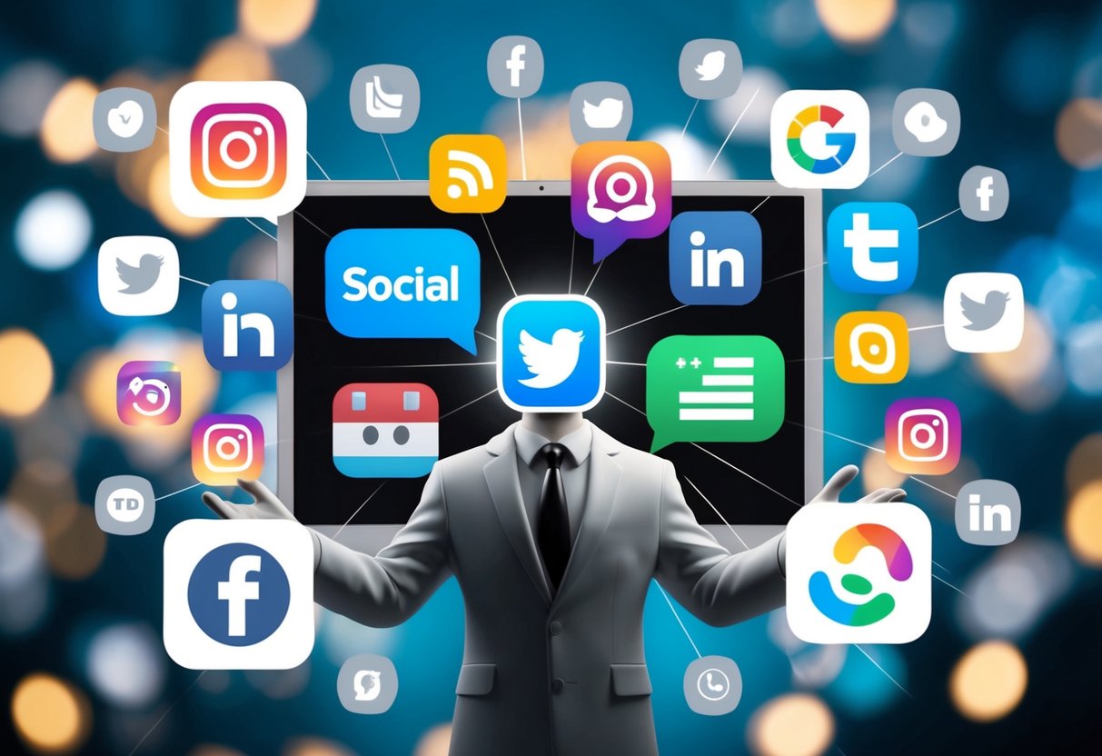 A figure surrounded by various social media icons, with a mix of mysterious and revealing posts displayed on the screen