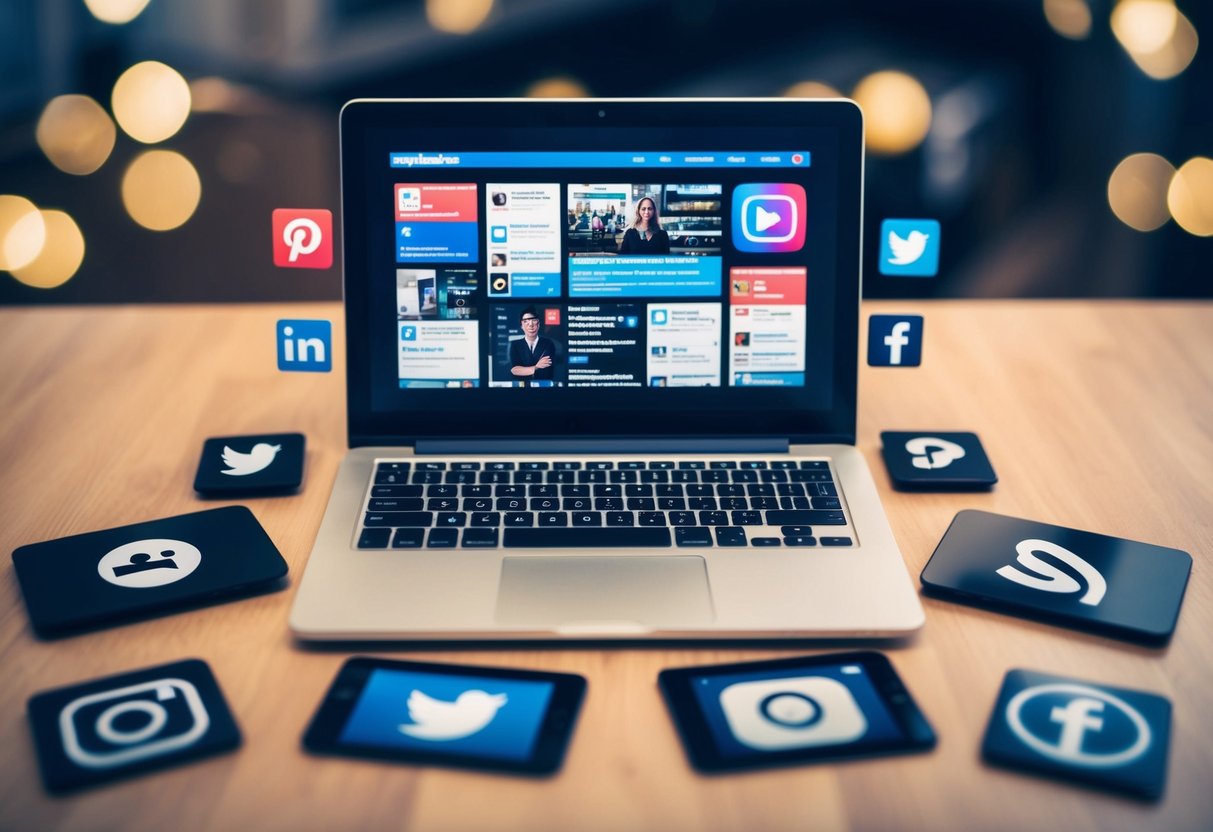 A laptop surrounded by various social media icons, with articles and posts displayed on the screen