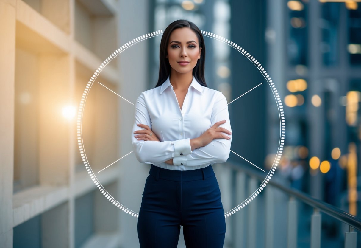 A woman standing confidently with a firm posture, surrounded by a clear, defined boundary line, signaling her communication expectations in a dating setting