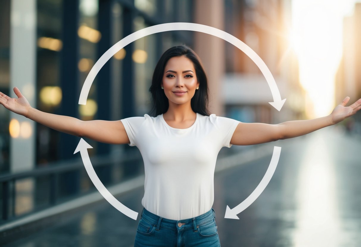 A woman standing confidently with outstretched arms, creating a circle around herself, signaling her personal space boundaries