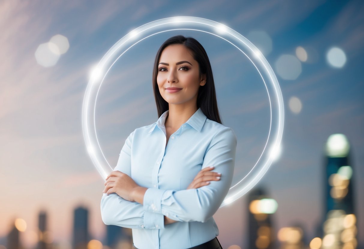 A woman standing confidently with a clear, defined circle around her, symbolizing her emotional boundaries