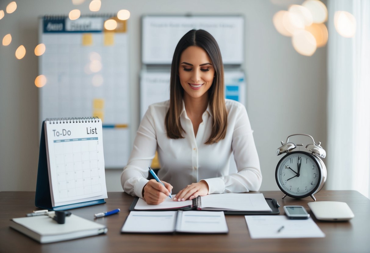 A woman sitting at a desk, surrounded by a calendar, clock, and to-do list. She is crossing out items and scheduling time for herself