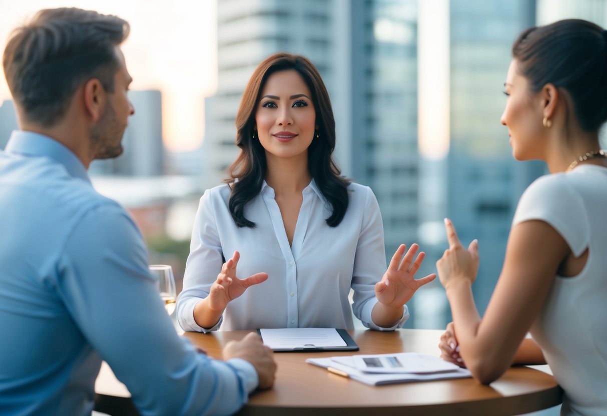 A woman setting clear financial boundaries with a date, using body language and gestures to communicate her expectations and limits