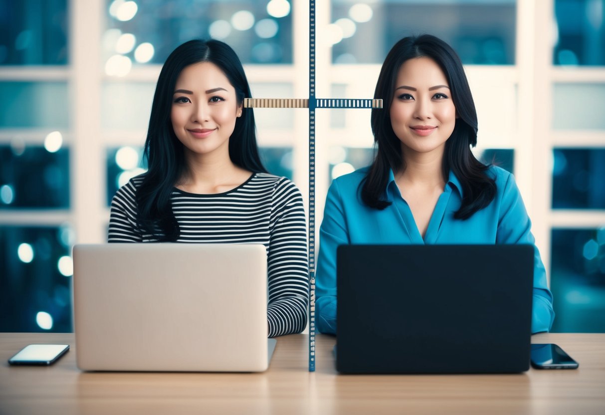 Two women sitting back to back, each on their own laptop, with a digital privacy boundary between them