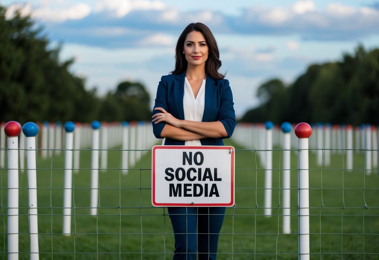 A woman standing confidently behind a fence with a "no social media" sign. She is surrounded by 20 boundary markers