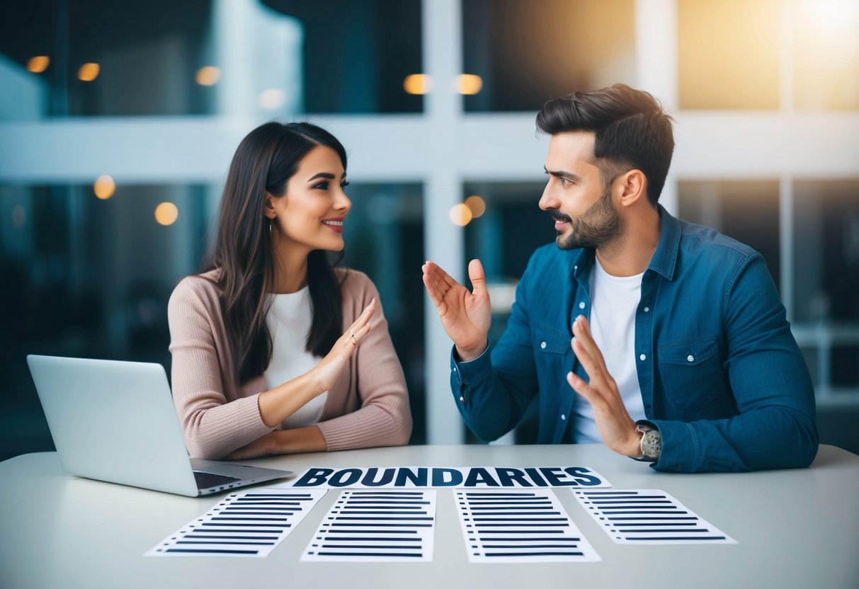 A couple sitting at a table, surrounded by a list of 20 boundaries. They are engaged in a deep conversation, gesturing and nodding in agreement